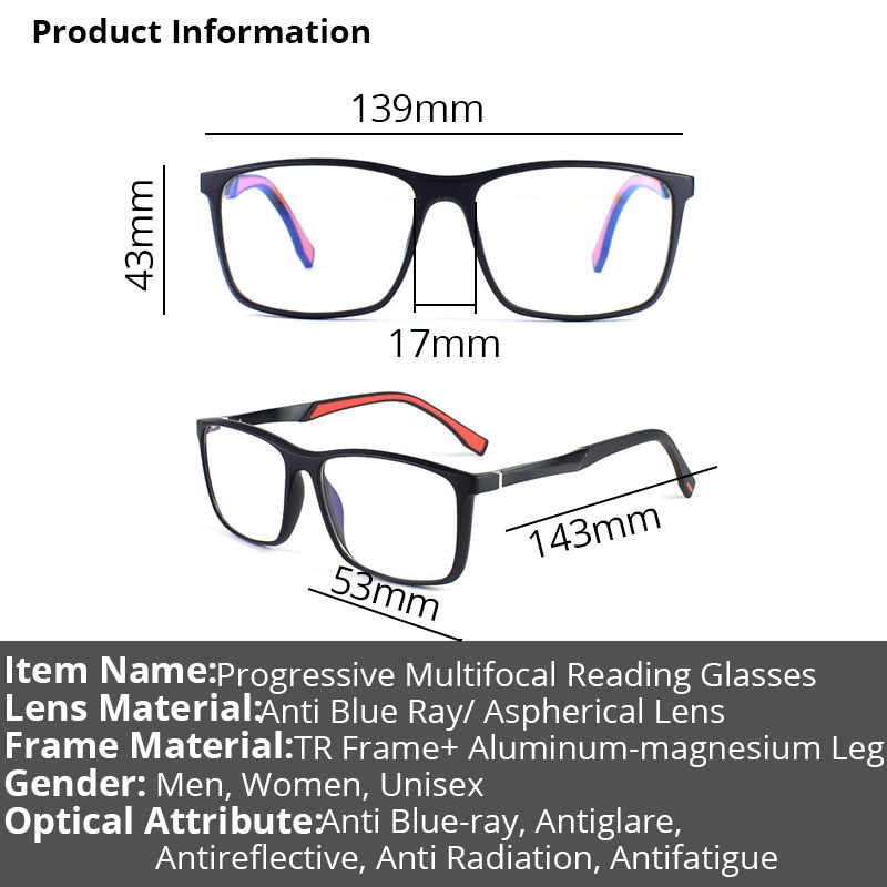 Men Women Progressive Multifocal Reading Glasses Blue Light BlockingTR90 Aluminum Magnesium Sport Square Frame Eyewear UV400+2 3 - mybesthealthandwellness
