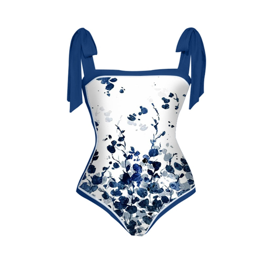 Blue Bow Strap Gradient Flower Print Bikini Square Neck Retro Sexy One-Piece Swimsuit Women's Fashion Backless Beachwear - mybesthealthandwellness