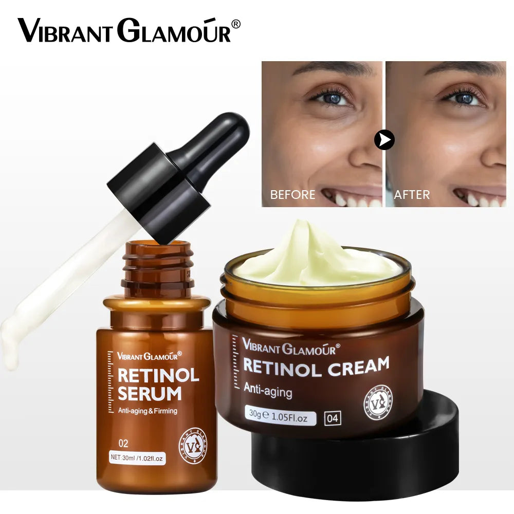 VIBRANT GLAMOUR Retinol Face Cream Face Serum 2 PCS/Set Firming Lifting Anti-Aging Reduce Wrinkle Fine Lines Facial Skin Care - mybesthealthandwellness