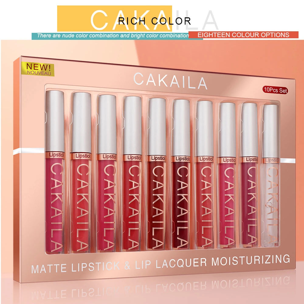 10Pcs/Box Matte Liquid Lipstick + Transparent Clear Lip Oil Lips Makeup Set Waterproof Long-Lasting Nude Velvet Lip Gloss Tint