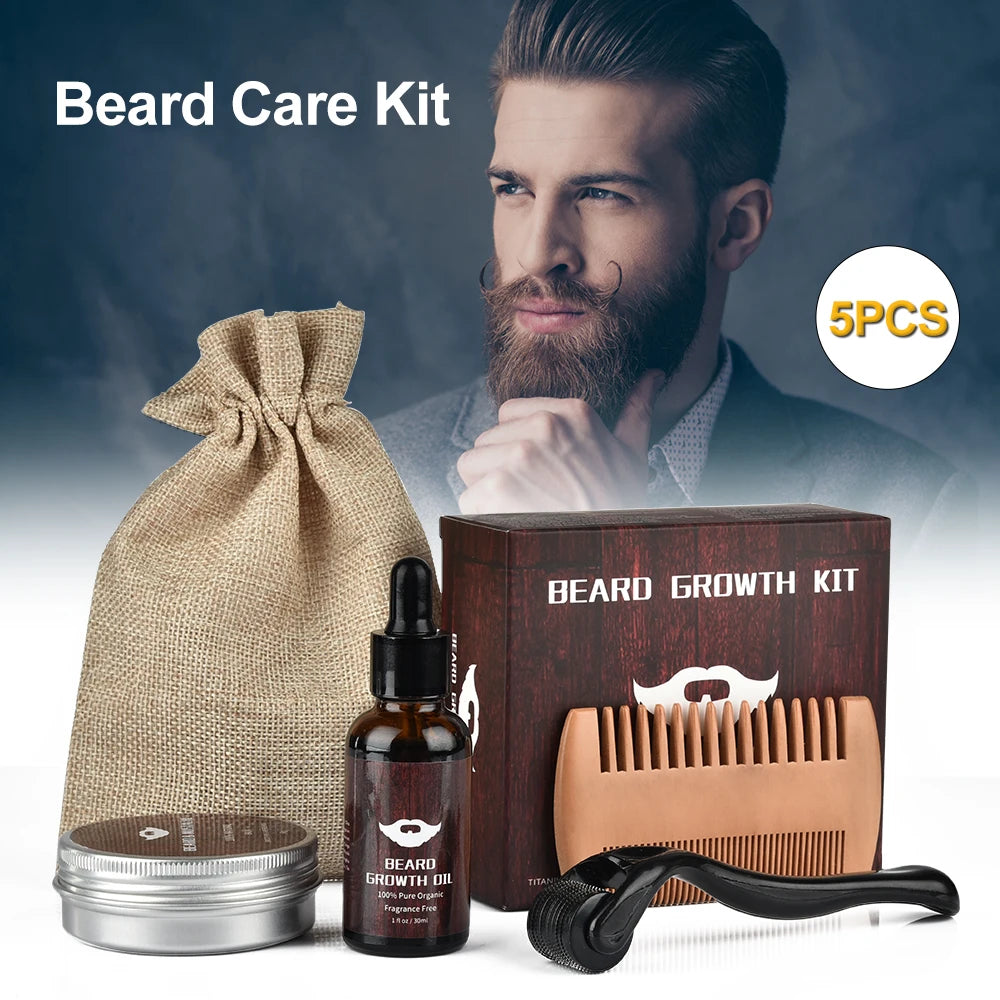 4pcs/set Beard Growth Kit For Men Hair Enhancer Thicker Mustache Grooming Beard Care Oil Moisturizer Wax Balm With Roller Comb