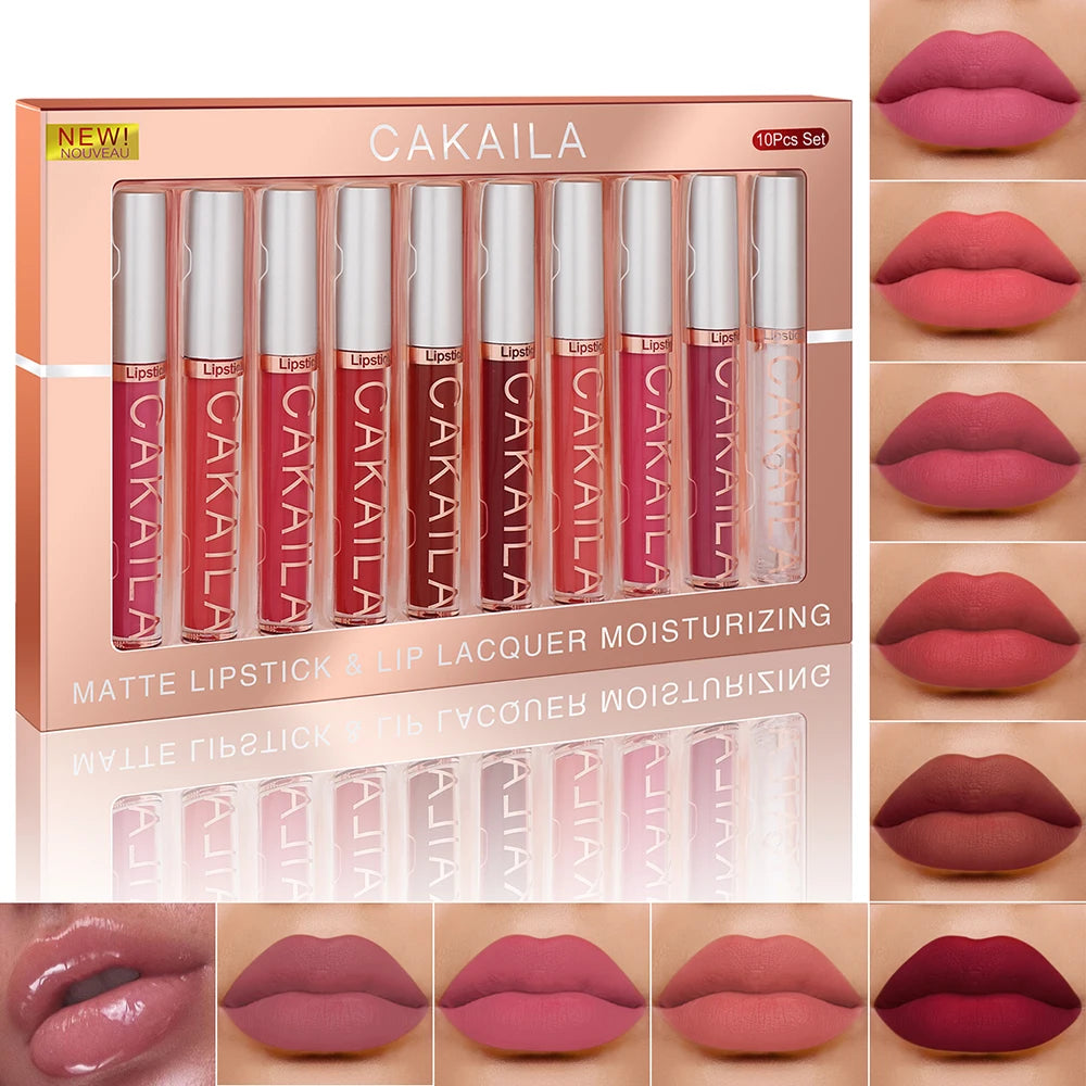 10Pcs/Box Matte Liquid Lipstick + Transparent Clear Lip Oil Lips Makeup Set Waterproof Long-Lasting Nude Velvet Lip Gloss Tint