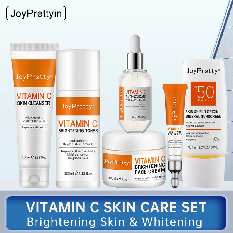 JoyPretty 6 Pcs Vitamin C Skincare Set Face Whitening Cleanser Toner Serum Cream Eye Dark Circle Care SPF 50 Sunscreen Skin Care - mybesthealthandwellness