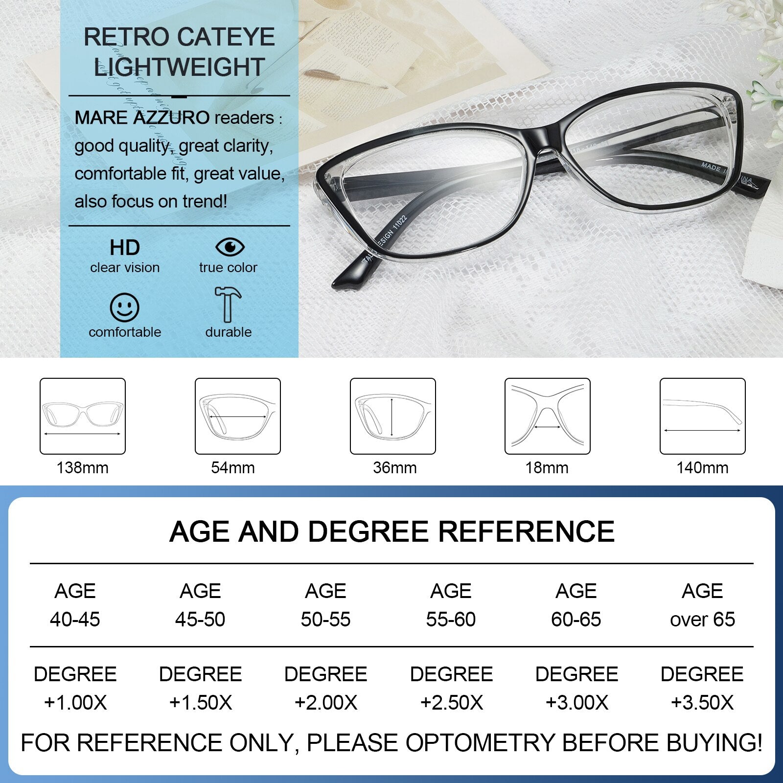 MARE AZZURO Cat Eye Reading Glasses Women Fashion Hyperopia Eyeglasses Retro Cute Readers +1.0 1.5 2.0 2.5 3.0 3.5 4.0 5.0 6.0 - mybesthealthandwellness